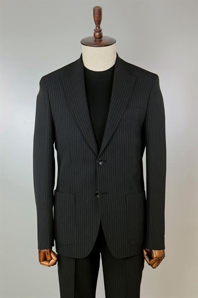 Jogger Pantolonlu Gofre Dokulu Çizgili Siyah Takım Elbise