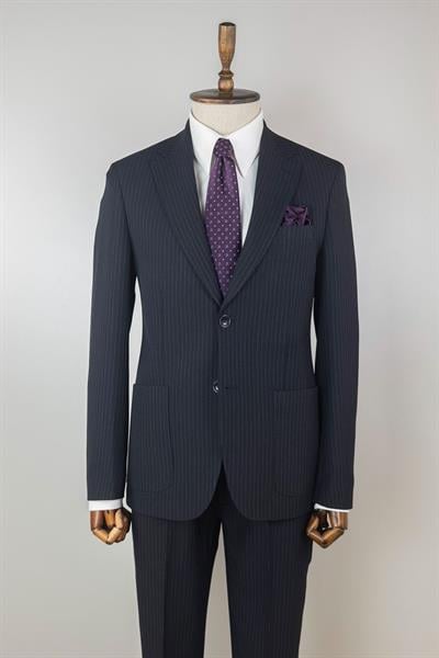 Jogger Pantolonlu Gofre Dokulu Çizgili Lacivert Takım Elbise