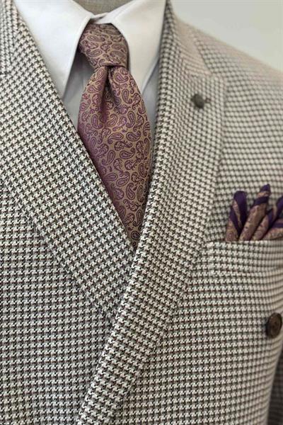 Slim Fit Kazayağı Desenli Kahverengi Kruvaze Ceket