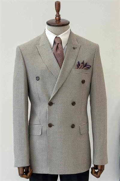 Slim Fit Kazayağı Desenli Kahverengi Kruvaze Ceket