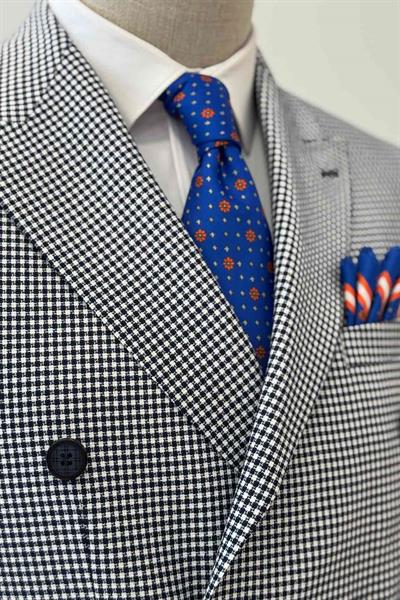 Slim Fit Piti Kare Desenli Lacivert Kruvaze Ceket