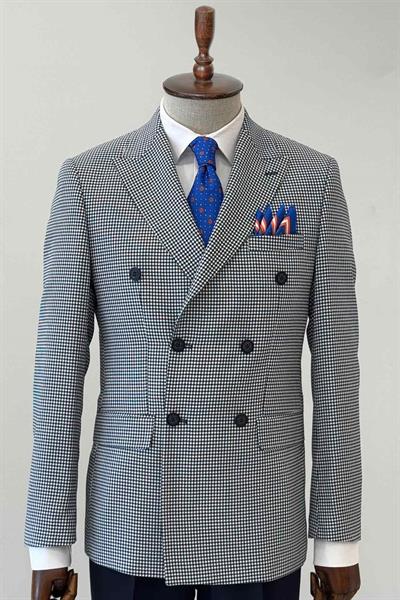 Slim Fit Piti Kare Desenli Lacivert Kruvaze Ceket