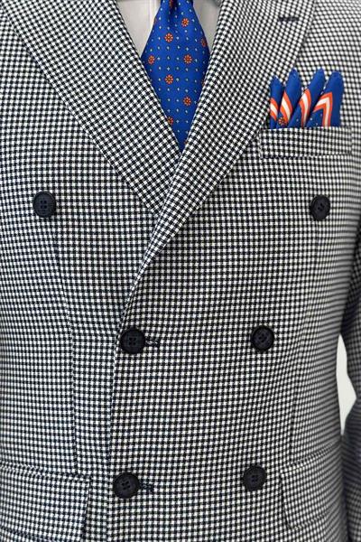 Slim Fit Piti Kare Desenli Lacivert Kruvaze Ceket