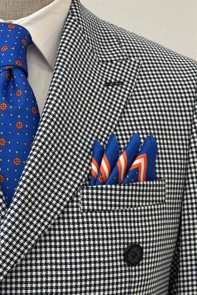 Slim Fit Piti Kare Desenli Lacivert Kruvaze Ceket