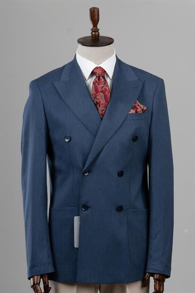 Slim Fit Mavi Kruvaze Tek Ceket
