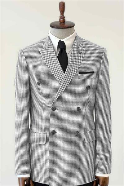 Slim Fit Kazayağı Desenli Gri Kruvaze Ceket