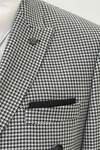 Slim Fit Kazayağı Desenli Gri Kruvaze Ceket