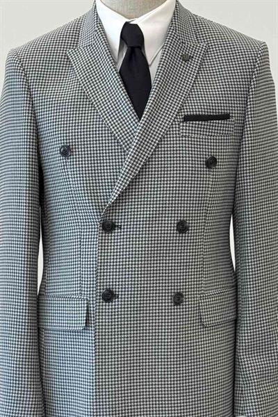 Slim Fit Kazayağı Desenli Gri Kruvaze Ceket