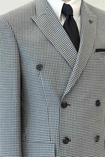 Slim Fit Kazayağı Desenli Gri Kruvaze Ceket