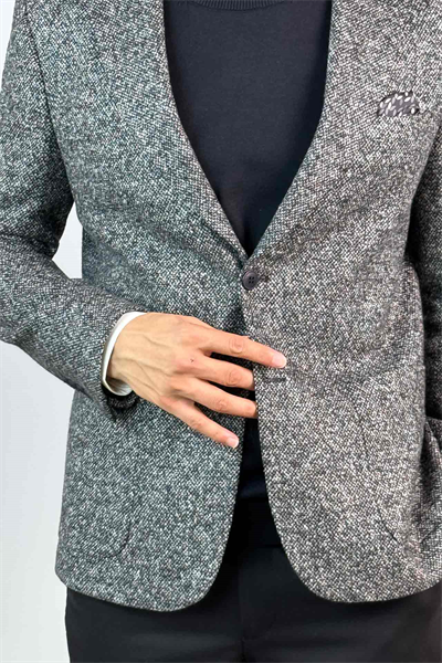 Yün Karışımlı Kırçıl Desenli Kışlık Gri Tek Ceket