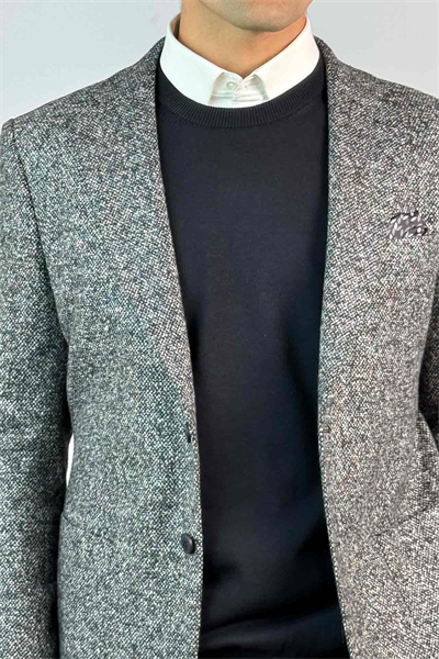 Yün Karışımlı Kırçıl Desenli Kışlık Gri Tek Ceket