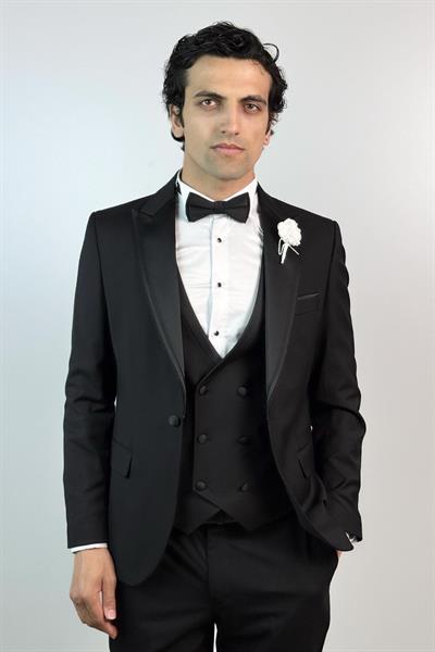 Slim Fit Kruvaze Yelekli Tek Düğme Damatlık Siyah Takım Elbise