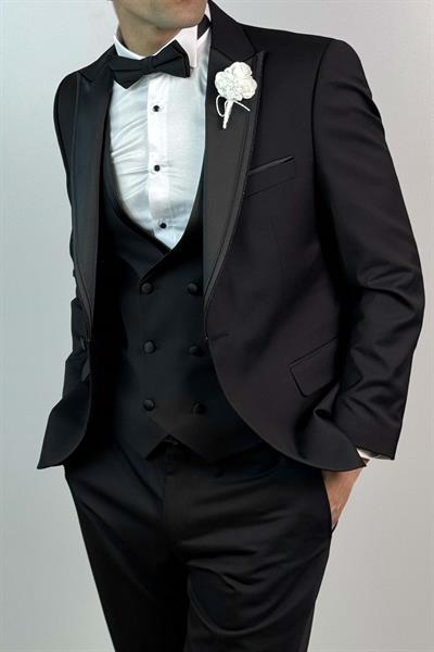 Slim Fit Kruvaze Yelekli Tek Düğme Damatlık Siyah Takım Elbise