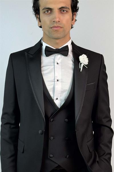 Slim Fit Kruvaze Yelekli Tek Düğme Damatlık Siyah Takım Elbise