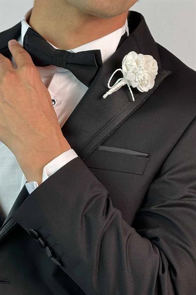Slim Fit Kruvaze Yelekli Tek Düğme Damatlık Siyah Takım Elbise