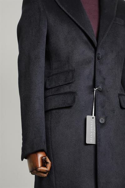 Slim Fit Uzun Lacivert Kaşe Kaban