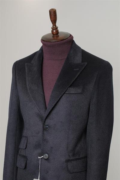 Slim Fit Uzun Lacivert Kaşe Kaban