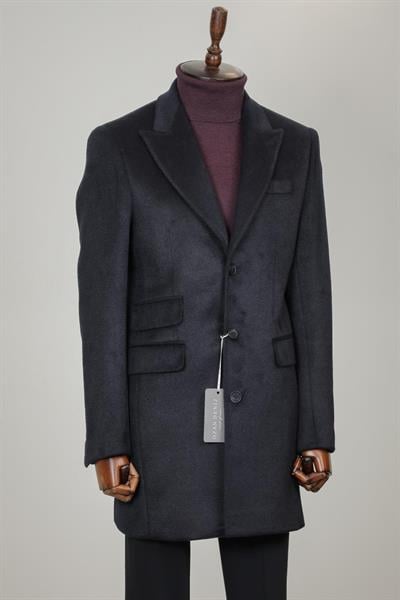 Slim Fit Uzun Lacivert Kaşe Kaban