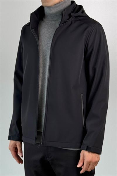 Kapüşonlu İçi Polarlı Siyah Softshell Mont