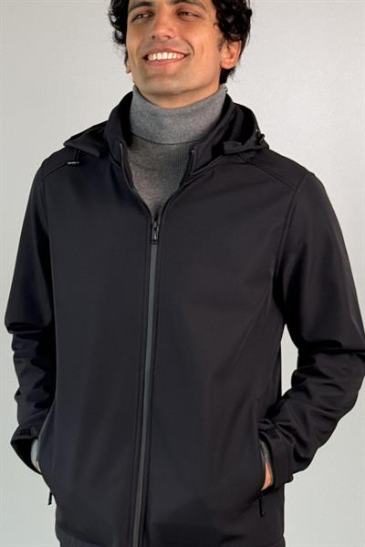 Kapüşonlu İçi Polarlı Siyah Softshell Mont