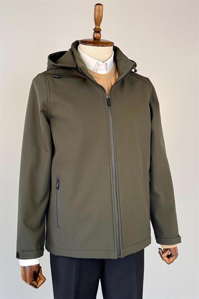 Kapüşonlu İçi Polarlı Yeşil Softshell Mont
