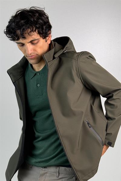 Kapüşonlu İçi Polarlı Yeşil Softshell Mont