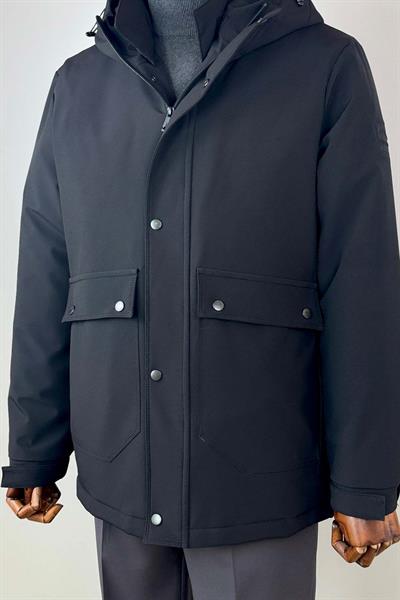 Su Geçirmez Kapüşonlu Erkek Uzun Siyah Kışlık Mont