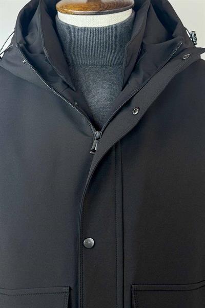 Su Geçirmez Kapüşonlu Erkek Uzun Siyah Kışlık Mont