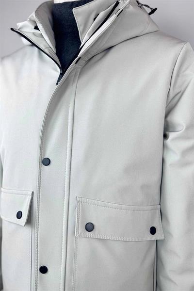 Su Geçirmez Kapüşonlu Erkek Uzun Taş Renk Kışlık Mont