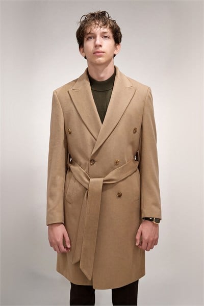 7202 Kuşaklı Kruvaze Palto Camel