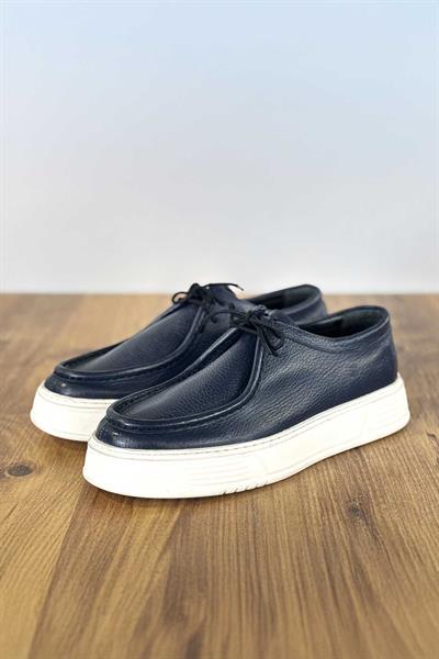 Beyaz Taban Deri Bağcıklı Buldog Lacivert Floter Ayakkabı