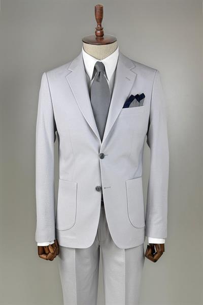 Jogger Pantolonlu Gofre Dokulu Açık Gri Takım Elbise