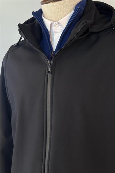 Kapüşonlu İçi Polarlı Siyah Softshell Mont