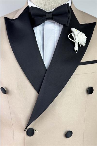 Saten Çıkma Yaka Bej Renk Kruvaze Damatlık Takım Elbise