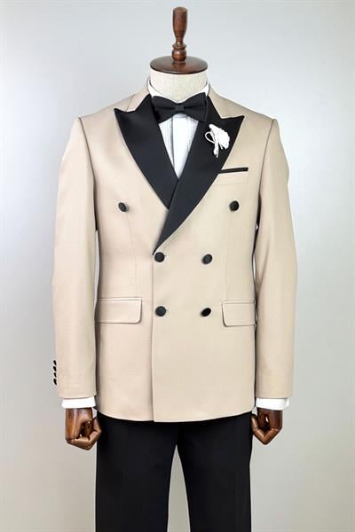 Saten Çıkma Yaka Bej Renk Kruvaze Damatlık Takım Elbise