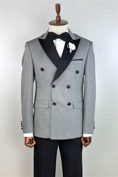 Saten Çıkma Yaka Siyah Kruvaze Damatlık Takım Elbise