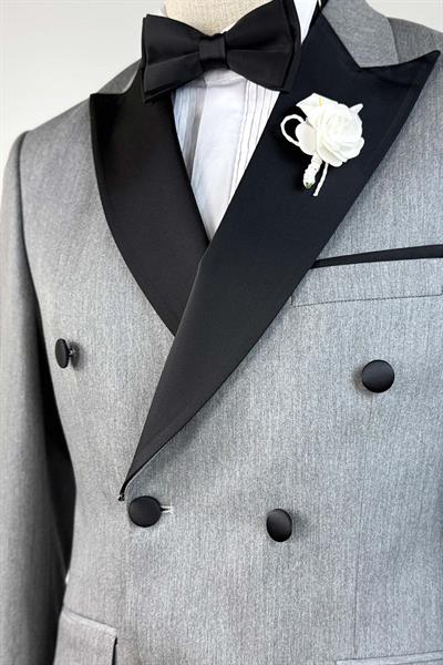 Saten Çıkma Yaka Gri Kruvaze Damatlık Takım Elbise