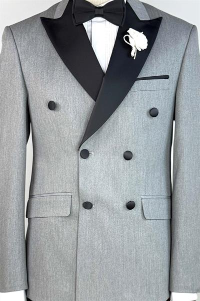 Saten Çıkma Yaka Gri Kruvaze Damatlık Takım Elbise