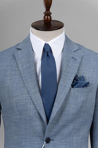 Slim Fit Mono Yaka Balıksırtı Mavi Tek Ceket
