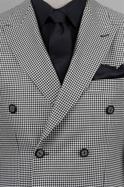 Slim Fit Piti Kare Desenli Siyah Kruvaze Ceket