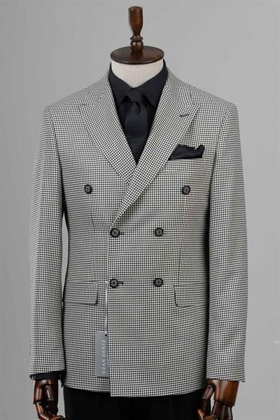 Slim Fit Piti Kare Desenli Siyah Kruvaze Ceket