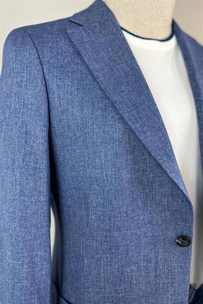 Jogger Pantolonlu Astarsız Mavi Keten Takım Elbise