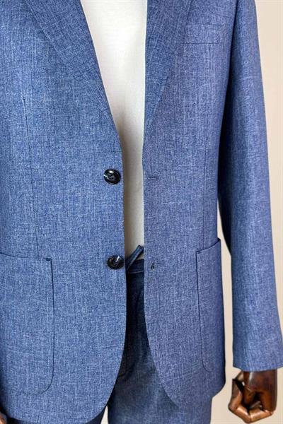 Jogger Pantolonlu Astarsız Mavi Keten Takım Elbise