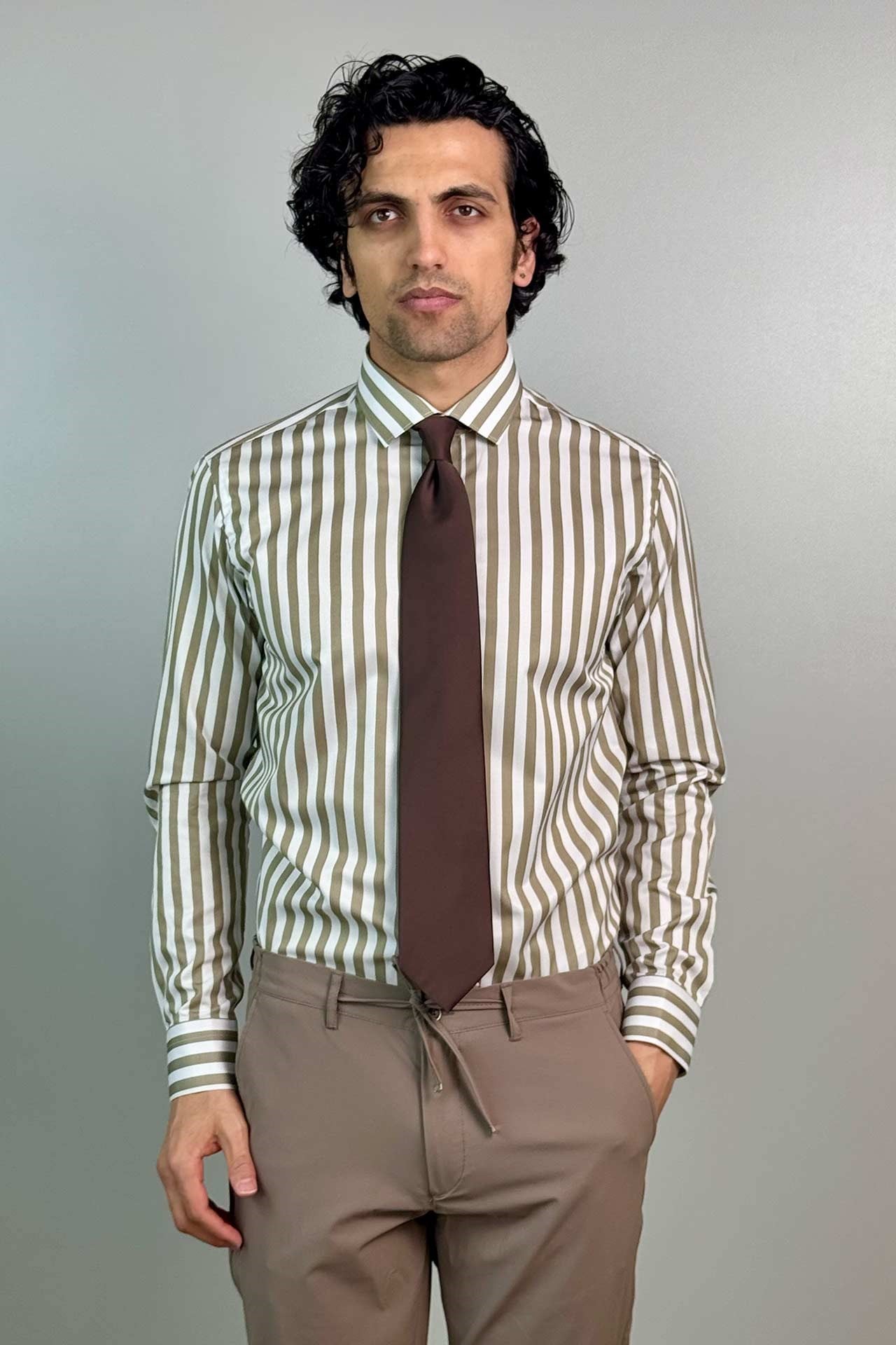1001 Slim Fit Oxford Çizigili Gömlek CAPPİCİNO