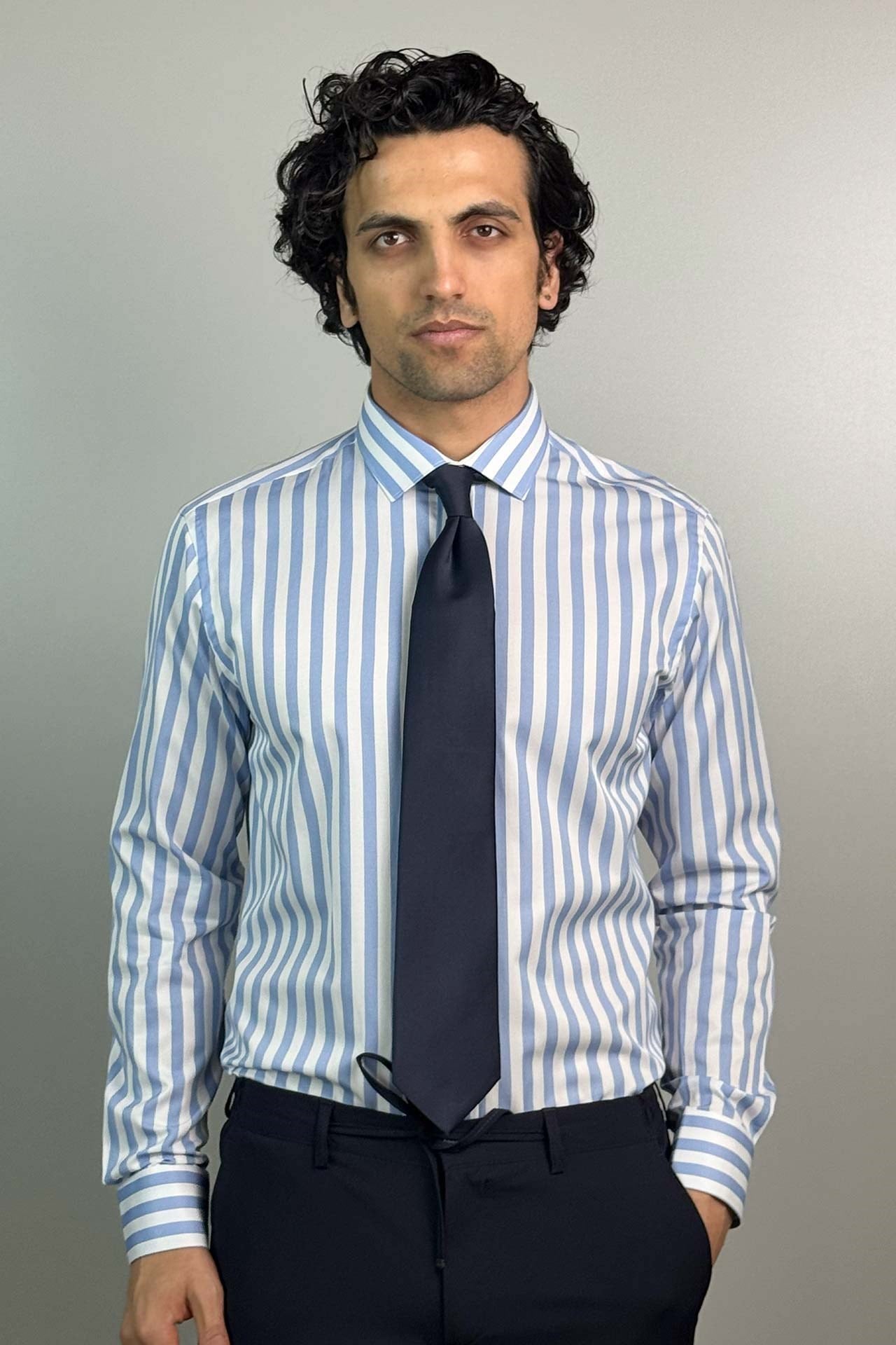 1001 Slim Fit Oxford Çizigili Gömlek Sax
