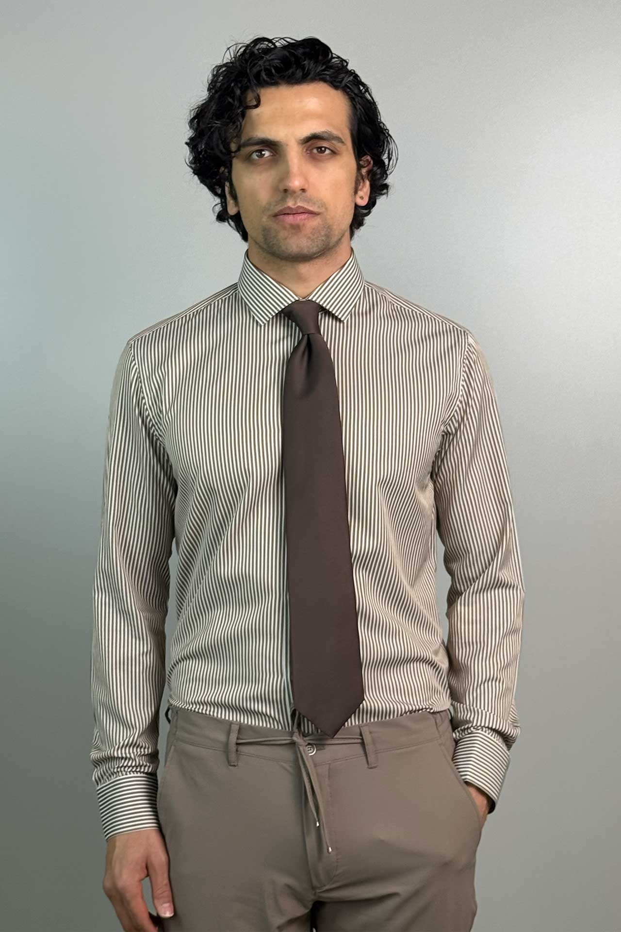 1001 Slim Fit Oxford Çizigili Gömlek Vizon