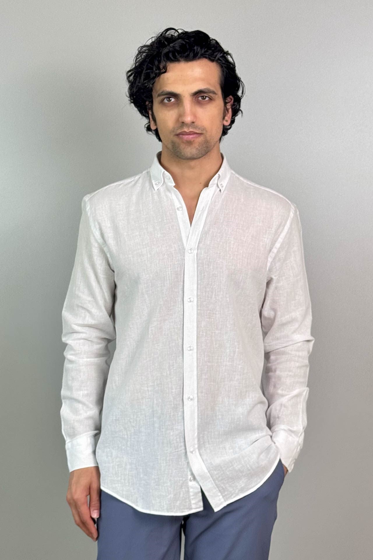 1006 Slim Fit Düz Keten Gömlek Beyaz