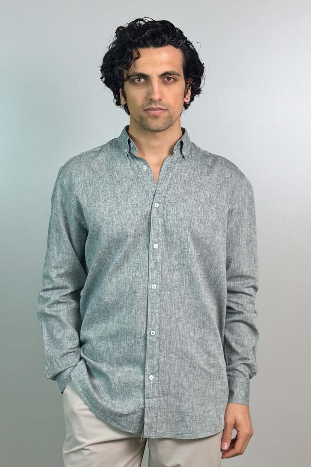 1006 Slim Fit Düz Keten Gömlek Gri