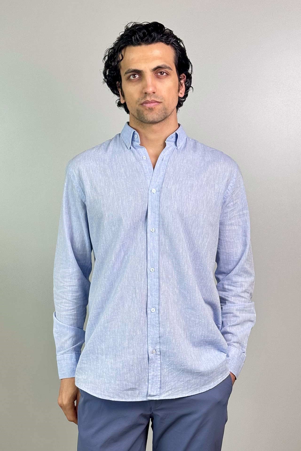 1006 Slim Fit Düz Keten Gömlek Mavi