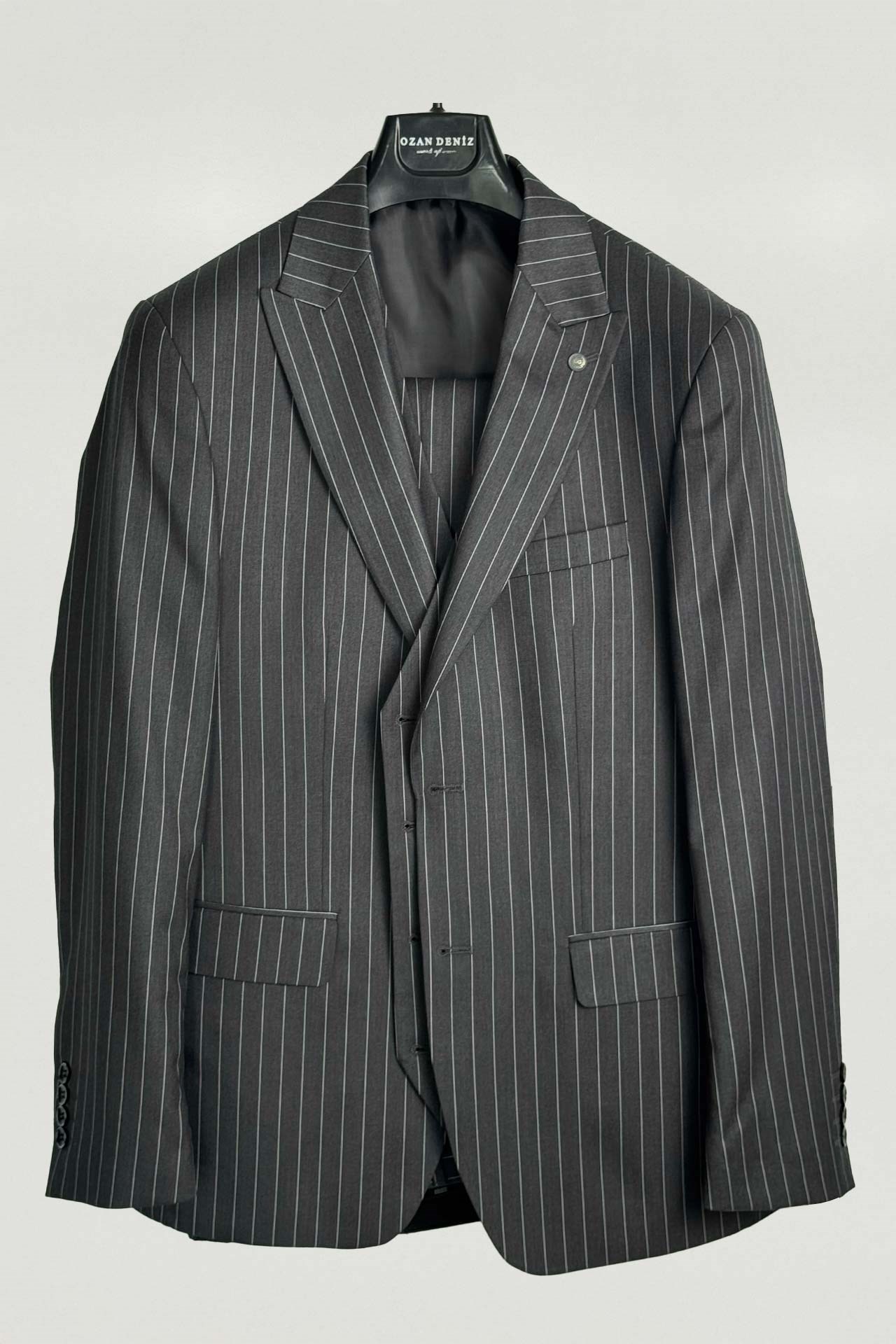 3004 Slim Fit Çizgili Yelekli Takım Elbise Füme
